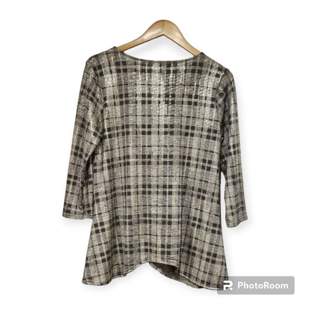 Peck&Peck Gold Metallic And Neutral Plaid Stretch Tunic  3/4 Sleeves Size M